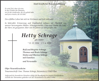 Traueranzeige von Hetty Schrage von Siegener Zeitung
