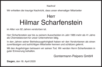 Traueranzeige von Hilmar Scharfenstein von Siegener Zeitung