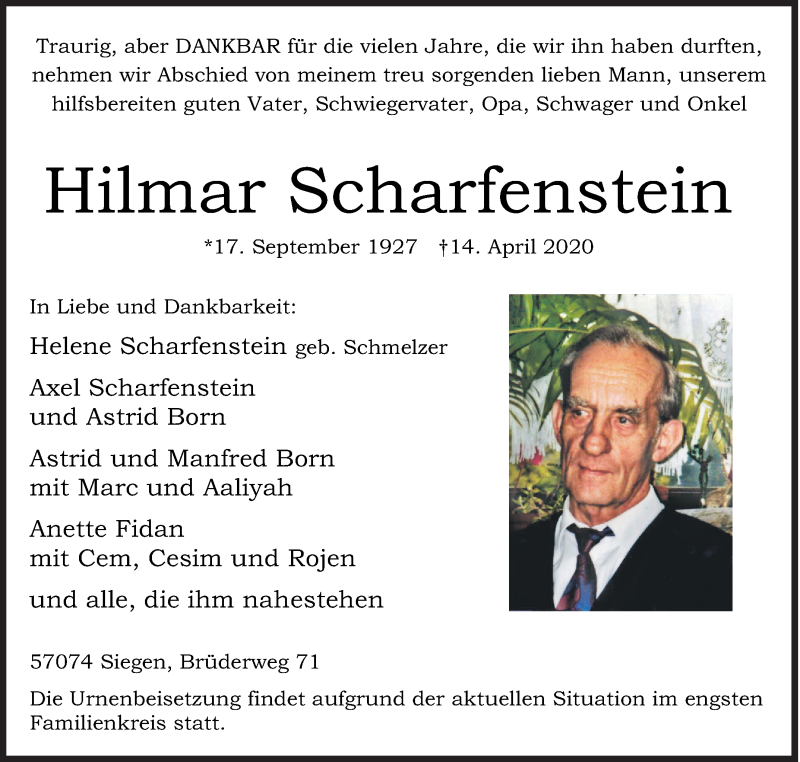  Traueranzeige für Hilmar Scharfenstein vom 17.04.2020 aus Siegener Zeitung
