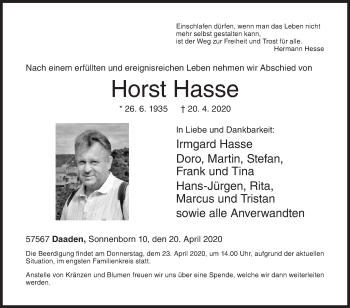 Traueranzeige von Horst Hasse von Siegener Zeitung