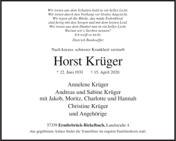 Traueranzeige von Horst Krüger von Siegener Zeitung