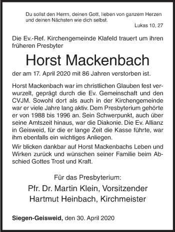 Traueranzeige von Horst Mackenbach von Siegener Zeitung