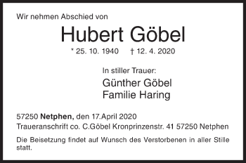 Traueranzeige von Hubert Göbel von Siegener Zeitung
