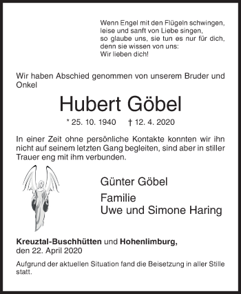 Traueranzeige von Hubert Göbel von Siegener Zeitung