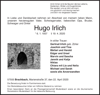 Traueranzeige von Hugo Irlich von Siegener Zeitung