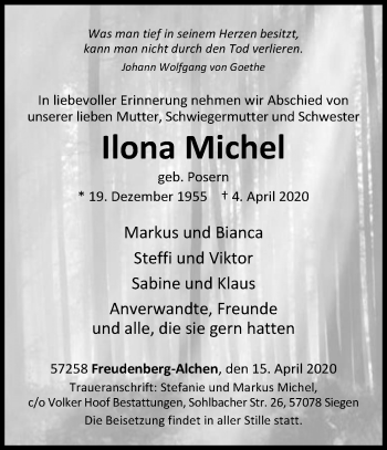 Traueranzeige von Ilona Michel von Siegener Zeitung
