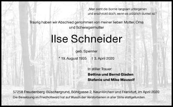 Traueranzeige von Ilse Schneider von Siegener Zeitung