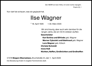 Traueranzeige von Ilse Wagner von Siegener Zeitung