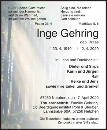 Traueranzeige von Inge Gehring von Siegener Zeitung