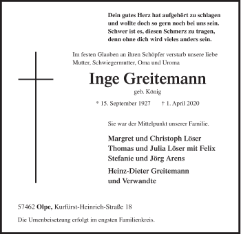 Traueranzeige von Inge Greitemann von Siegener Zeitung