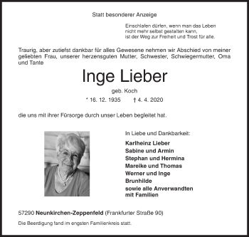 Traueranzeige von Inge Lieber von Siegener Zeitung