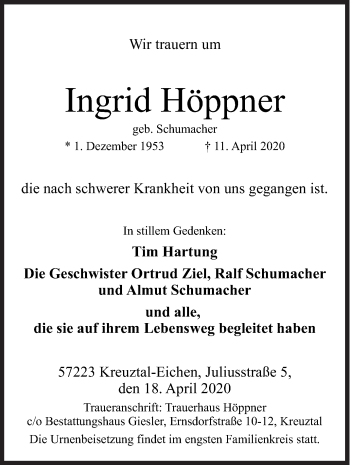 Traueranzeige von Ingrid Höppner von Siegener Zeitung