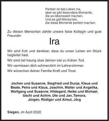 Traueranzeige von Ira  von Siegener Zeitung