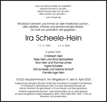Traueranzeige von Ira Scheele-Hein von Siegener Zeitung