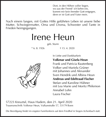 Traueranzeige von Irene Heun von Siegener Zeitung
