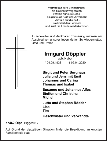 Traueranzeige von Irmgard Döppler von Siegener Zeitung