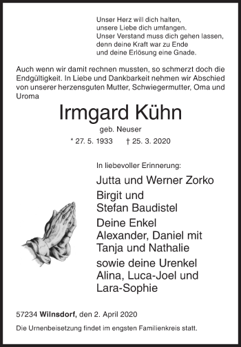 Traueranzeige von Irmgard Kühn von Siegener Zeitung