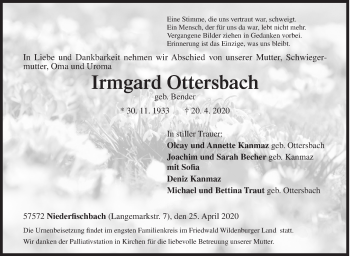 Traueranzeige von Irmgard Ottersbach von Siegener Zeitung