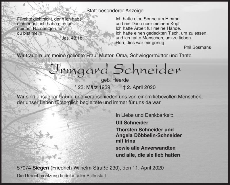  Traueranzeige für Irmgard Schneider vom 11.04.2020 aus Siegener Zeitung