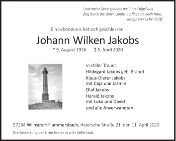 Traueranzeige von Johann Wilken Jakobs von Siegener Zeitung