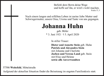 Traueranzeige von Johanna Huhn von Siegener Zeitung