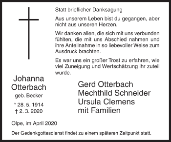 Traueranzeige von Johanna Otterbach von Siegener Zeitung