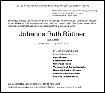 Traueranzeige von Johanna Ruth Büttner von Siegener Zeitung