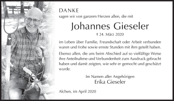 Traueranzeige von Johannes Gieseler von Siegener Zeitung