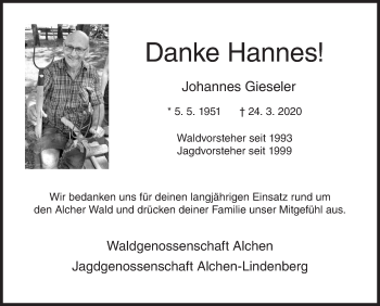 Traueranzeige von Johannes Gieseler von Siegener Zeitung