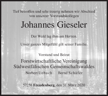 Traueranzeige von Johannes Gieseler von Siegener Zeitung