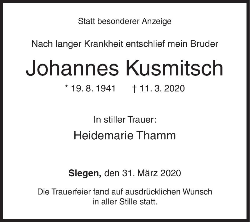  Traueranzeige für Johannes Kusmitsch vom 31.03.2020 aus Siegener Zeitung