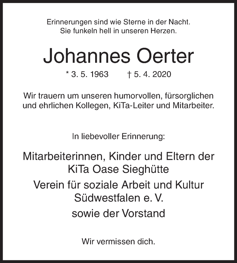  Traueranzeige für Johannes Oerter vom 20.04.2020 aus Siegener Zeitung