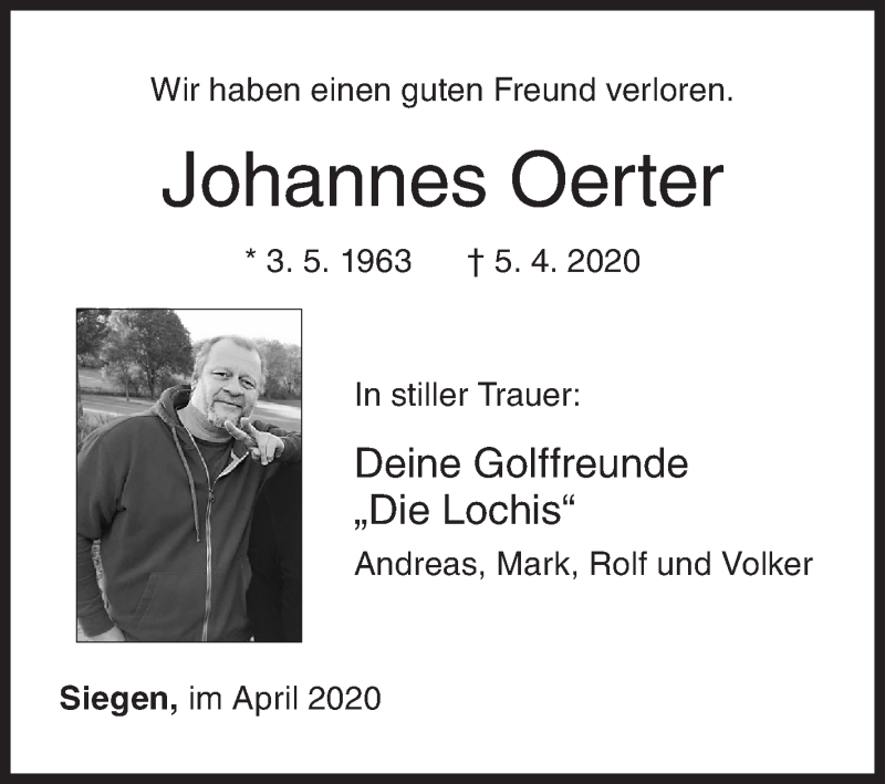  Traueranzeige für Johannes Oerter vom 20.04.2020 aus Siegener Zeitung