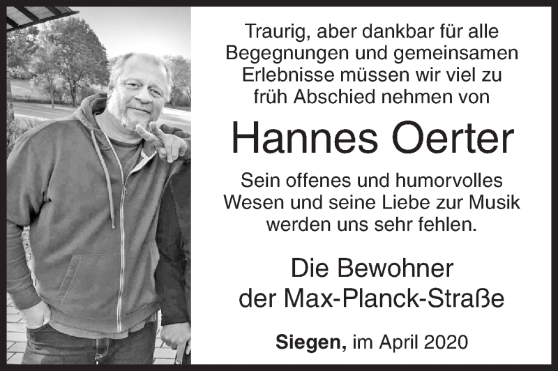  Traueranzeige für Johannes Oerter vom 20.04.2020 aus Siegener Zeitung