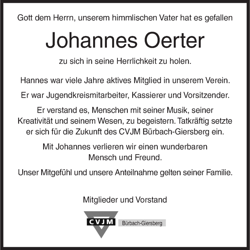  Traueranzeige für Johannes Oerter vom 22.04.2020 aus Siegener Zeitung