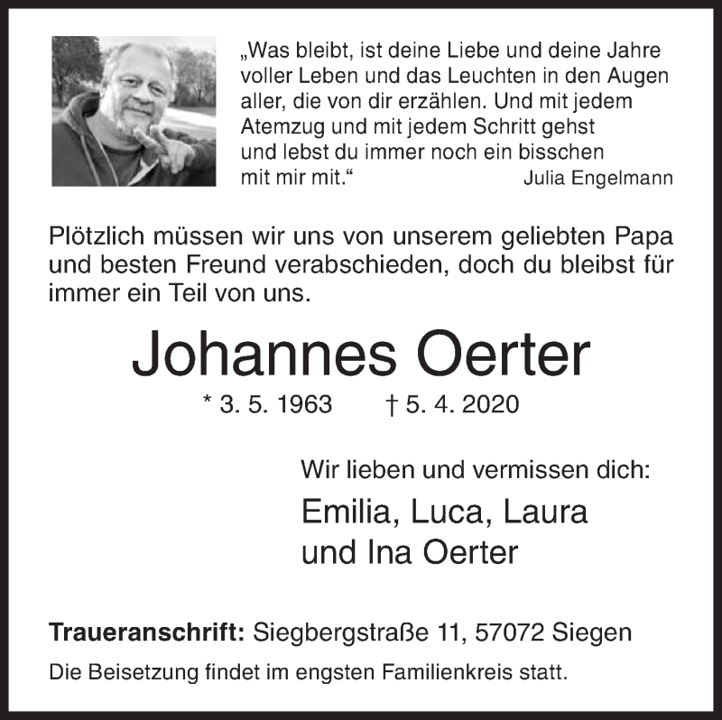  Traueranzeige für Johannes Oerter vom 20.04.2020 aus Siegener Zeitung