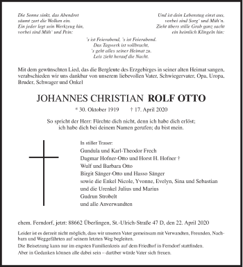 Traueranzeige von Johannes Christian Rolf Otto von Siegener Zeitung