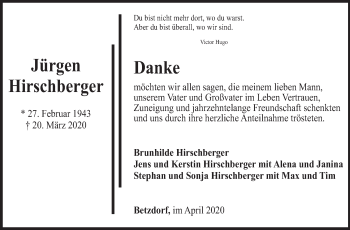 Traueranzeige von Jürgen Hirschberger von Siegener Zeitung