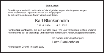 Traueranzeige von Karl Blankenheim von Siegener Zeitung