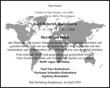 Traueranzeige von Karl Heinrich Radenbach von Siegener Zeitung