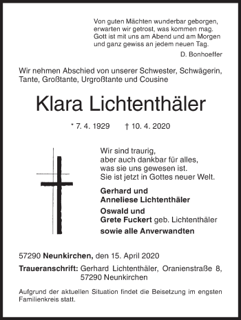 Traueranzeige von Klara Lichtenthäler von Siegener Zeitung