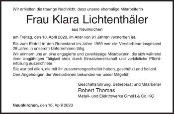 Traueranzeige von Klara Lichtenthäler von Siegener Zeitung