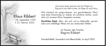 Traueranzeige von Klaus Ribbert von Siegener Zeitung