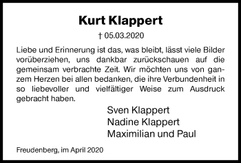 Traueranzeige von Kurt Klappert von Siegener Zeitung