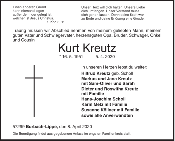 Traueranzeige von Kurt Kreutz von Siegener Zeitung