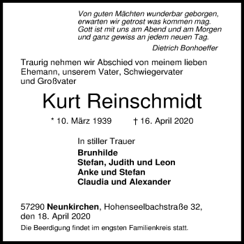 Traueranzeige von Kurt Reinschmidt von Siegener Zeitung