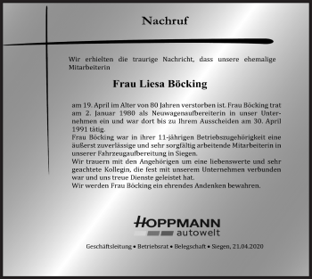Traueranzeige von Liesa Böcking von Siegener Zeitung