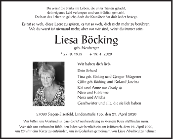 Traueranzeige von Liesa Böcking von Siegener Zeitung