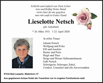 Traueranzeige von Lieselotte Netsch von Siegener Zeitung