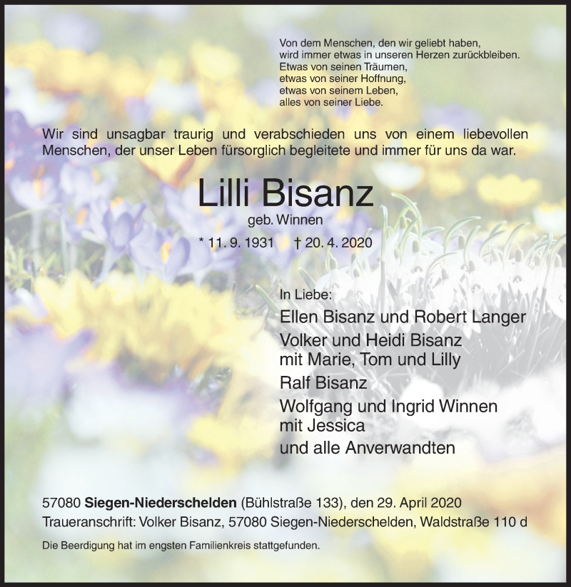  Traueranzeige für Lilli Bisanz vom 29.04.2020 aus Siegener Zeitung